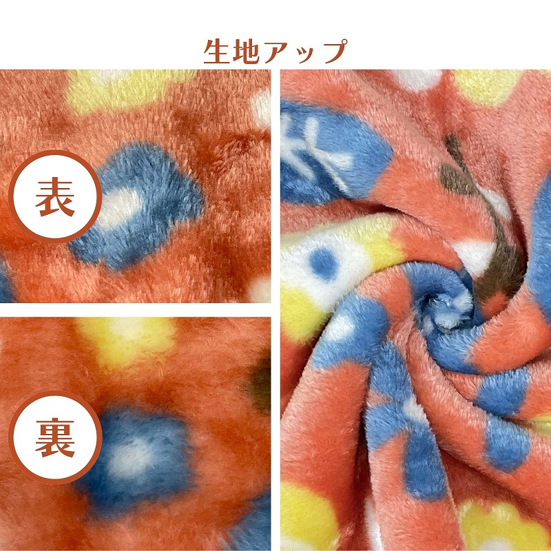 毛布素材のひざ掛けの表面、裏面、厚みを示す拡大画像。